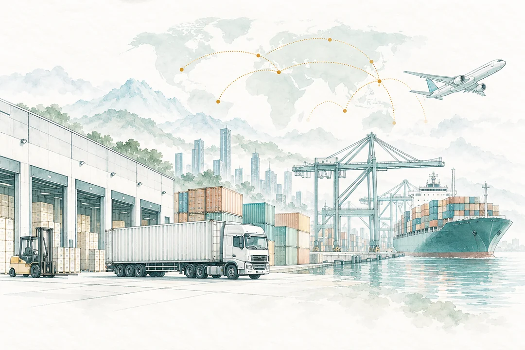 Watercolor illustration of a logistics warehouse, truck, container port and cargo aircraft linked by trade routes across a world map