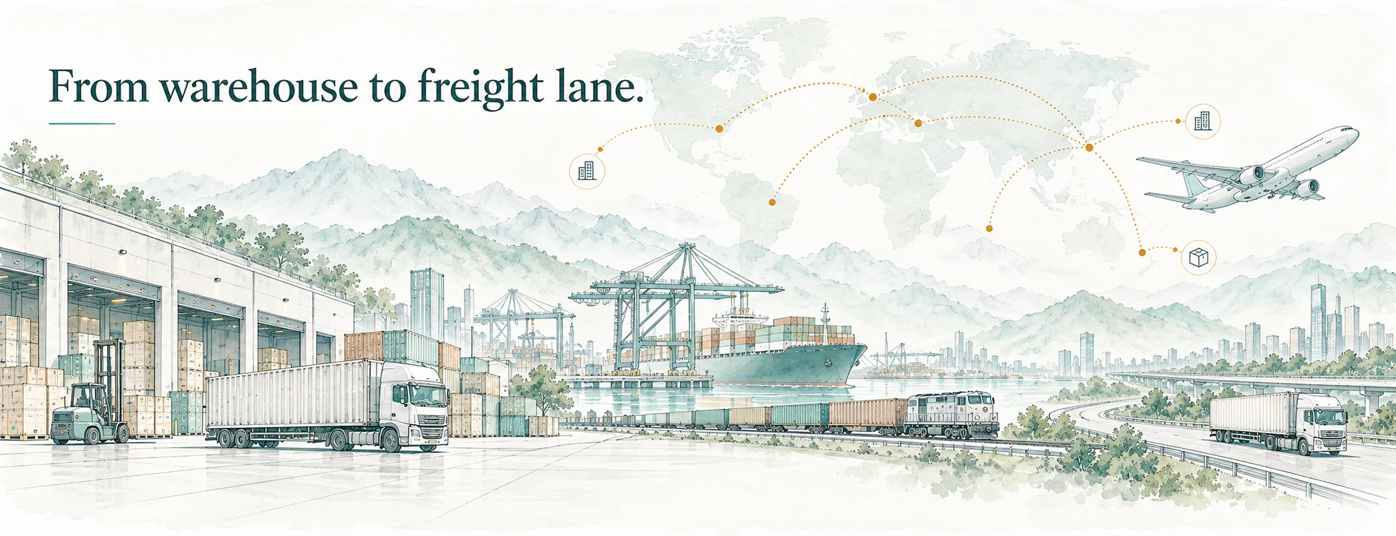 Watercolor illustration of a logistics warehouse, container port, freight train, trucks and a cargo aircraft, linked by trade routes across a world map to customer locations