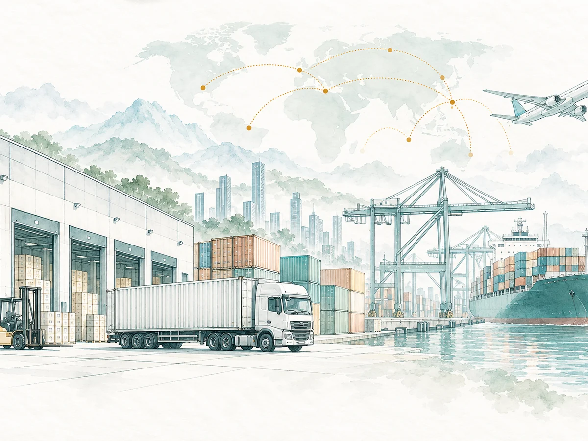 Watercolor illustration of a logistics warehouse, truck and container port linked by trade routes across a world map