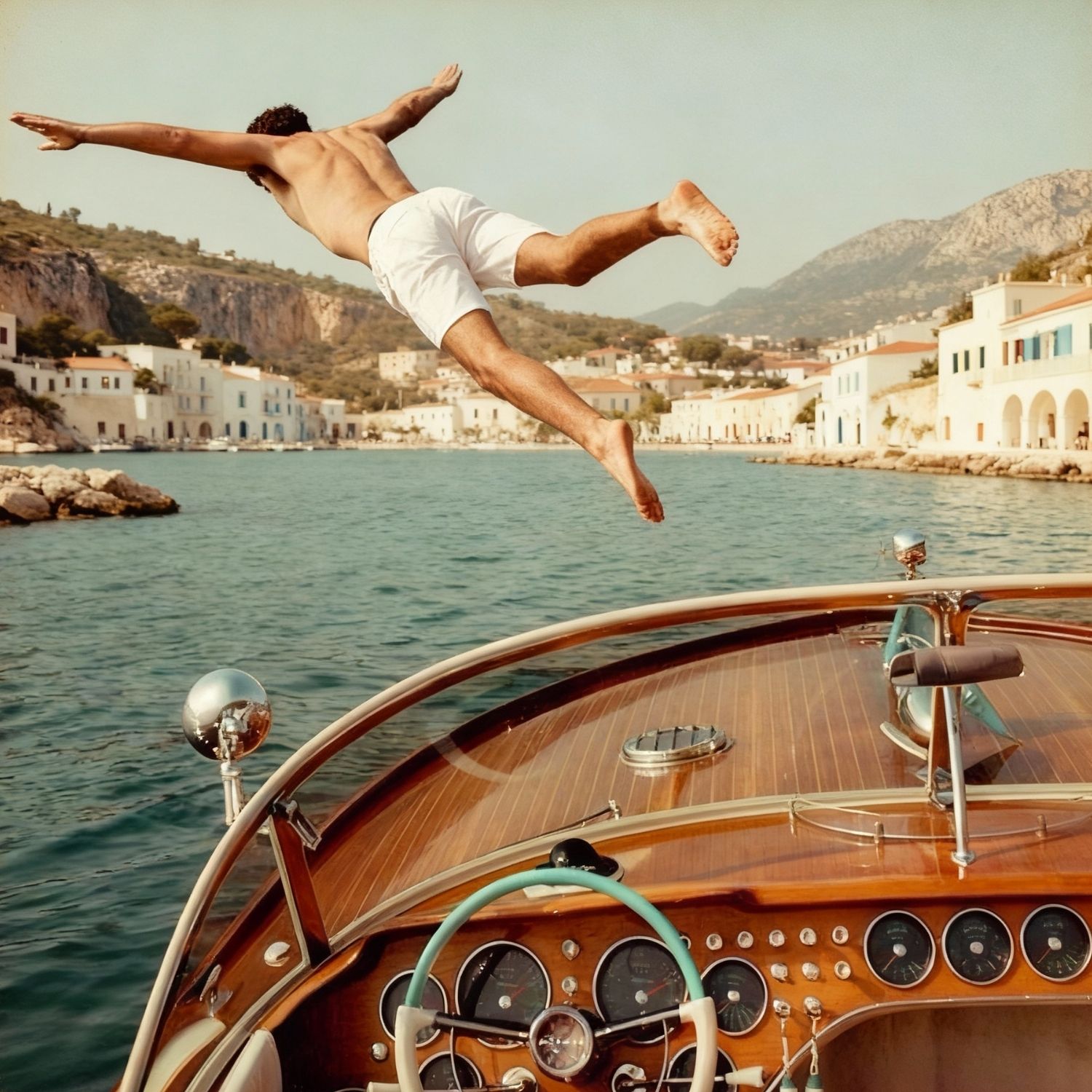 image ofman jumping off a boat into the ocean in a Mediterranean port