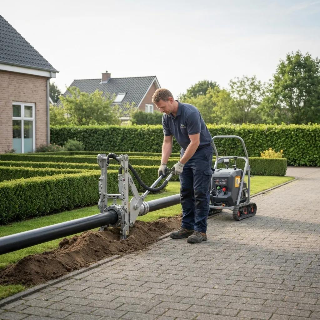 Technician using trenchless pipe installation equipment in a yard