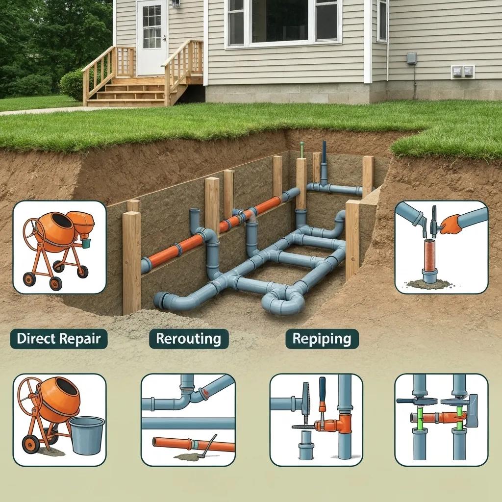 Diagram illustrating various methods for repairing slab leaks in a home