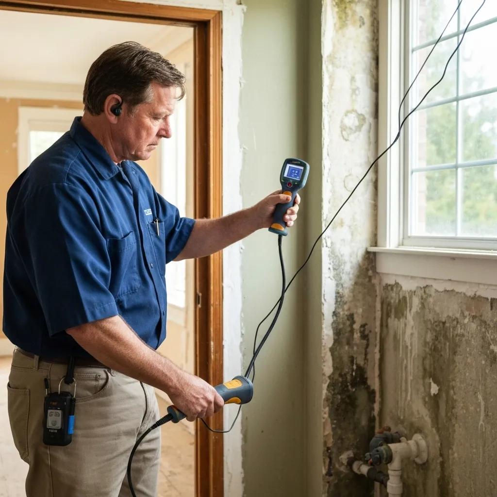 Plumber using advanced equipment to detect a slab leak in an Orlando home