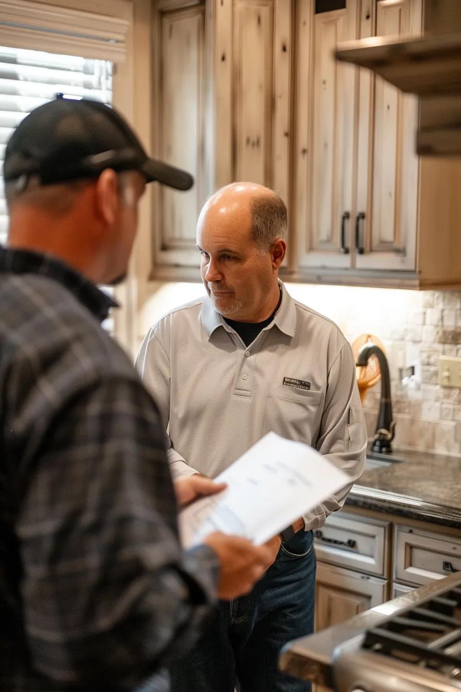 A professional plumber from Brightwater Plumbing Orlando is explaining a detailed estimate to a homeowner in their kitchen.
