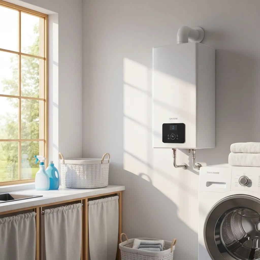 Heat pump water heater in a bright laundry room, showcasing energy efficiency and modern technology