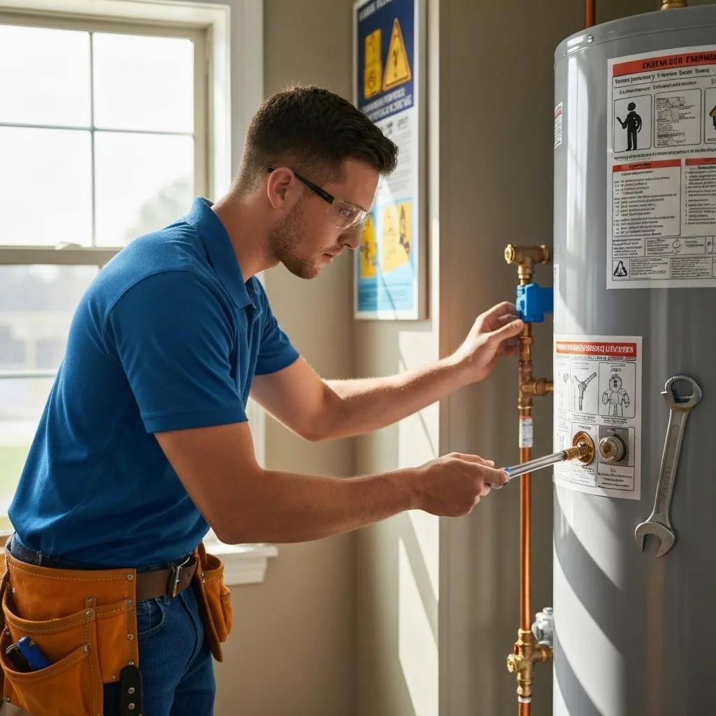 A licensed plumber meticulously inspecting a newly installed water heater to ensure safety and compliance with all regulations.