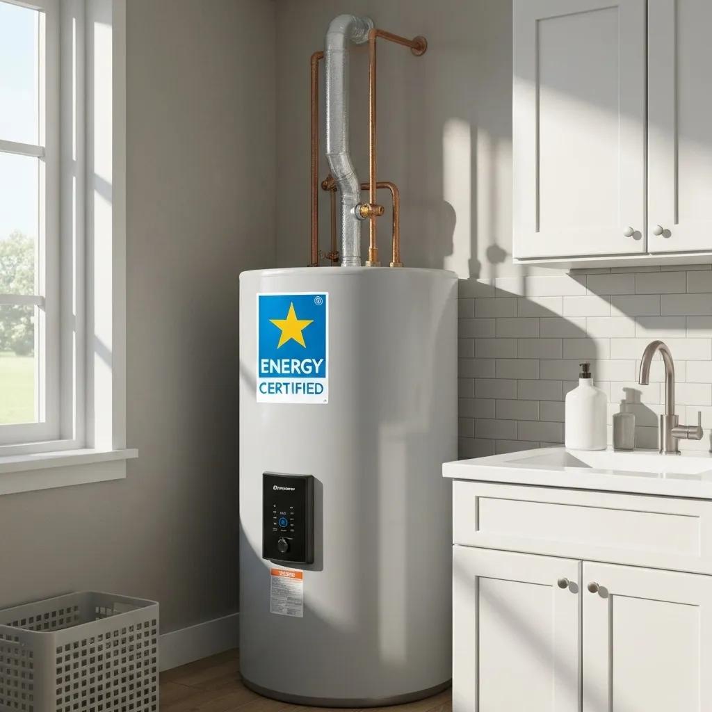 A gleaming ENERGY STAR certified water heater in a clean, modern home utility space, highlighting its energy-saving features