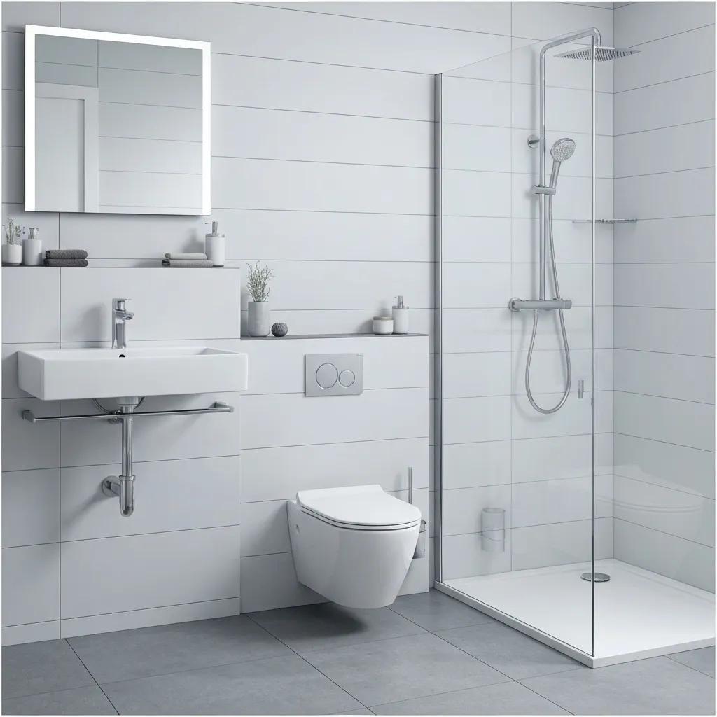 Modern home plumbing fixtures, including a sink, toilet, and shower, showcasing residential plumbing services
