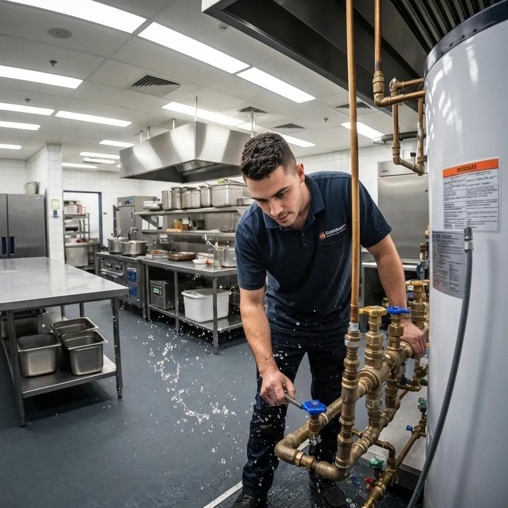 Plumber inspecting a commercial kitchen's industrial water heater, highlighting commercial plumbing solutions