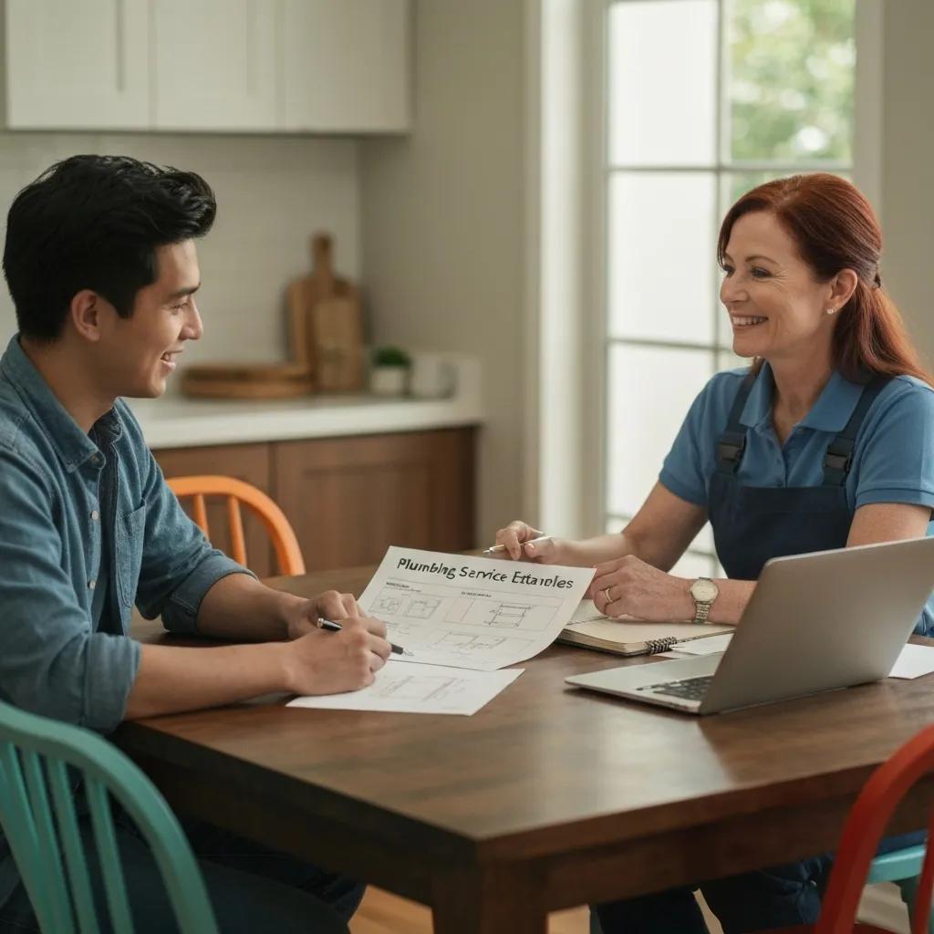 A homeowner and a professional plumber in Orlando discussing a detailed service estimate.