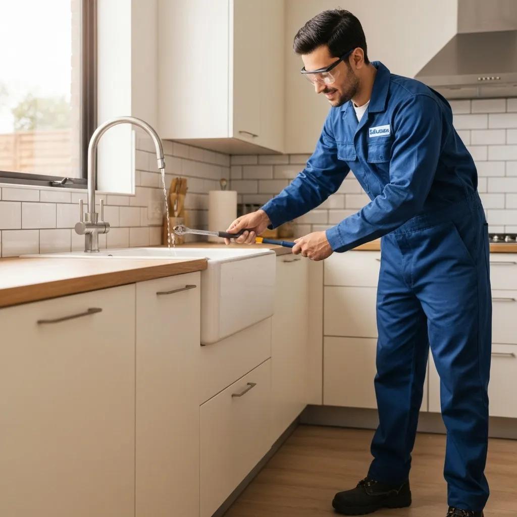 A skilled plumber in Orlando meticulously repairing a kitchen faucet, ensuring no drips.