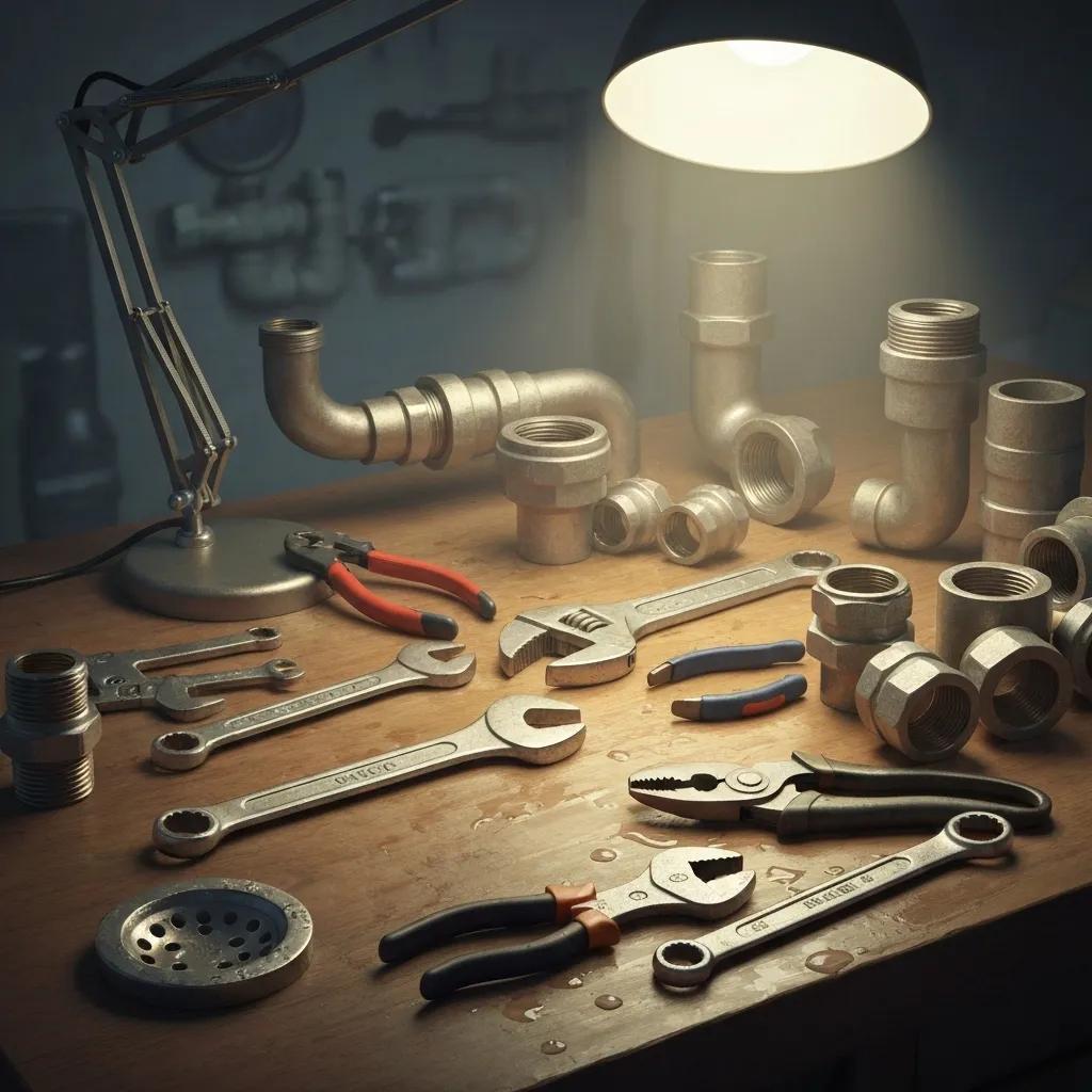 A collection of essential plumbing tools and materials laid out on a workbench, ready for repairs.