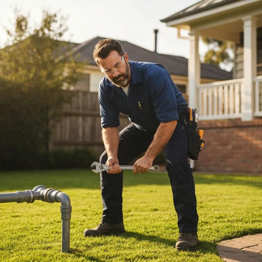 Expert plumber meticulously repairing an outdoor water main, highlighting our commitment to dependable service