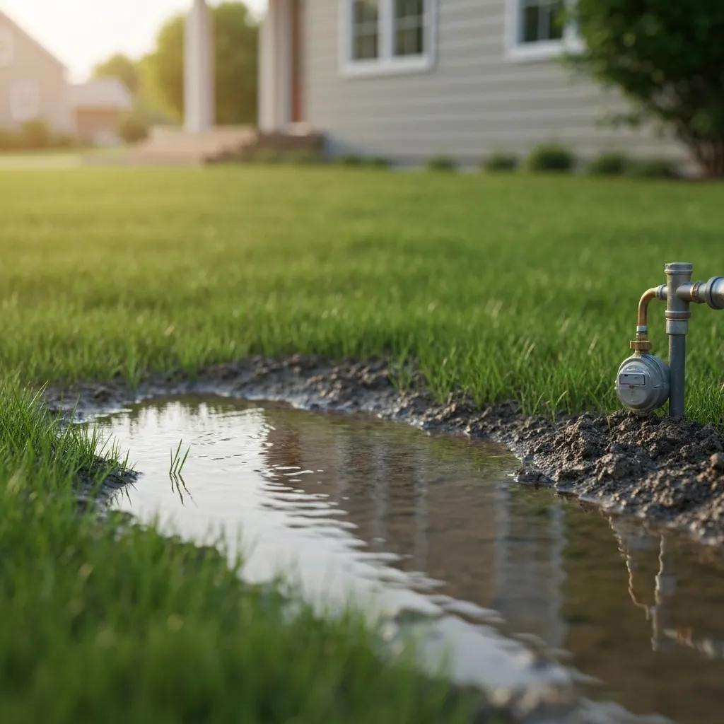 Visible signs of a water main leak in a yard, such as standing water and damp soil, emphasizing detection