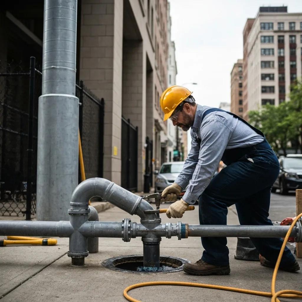 A skilled plumber expertly fixing a water main in a busy street, demonstrating professional plumbing services