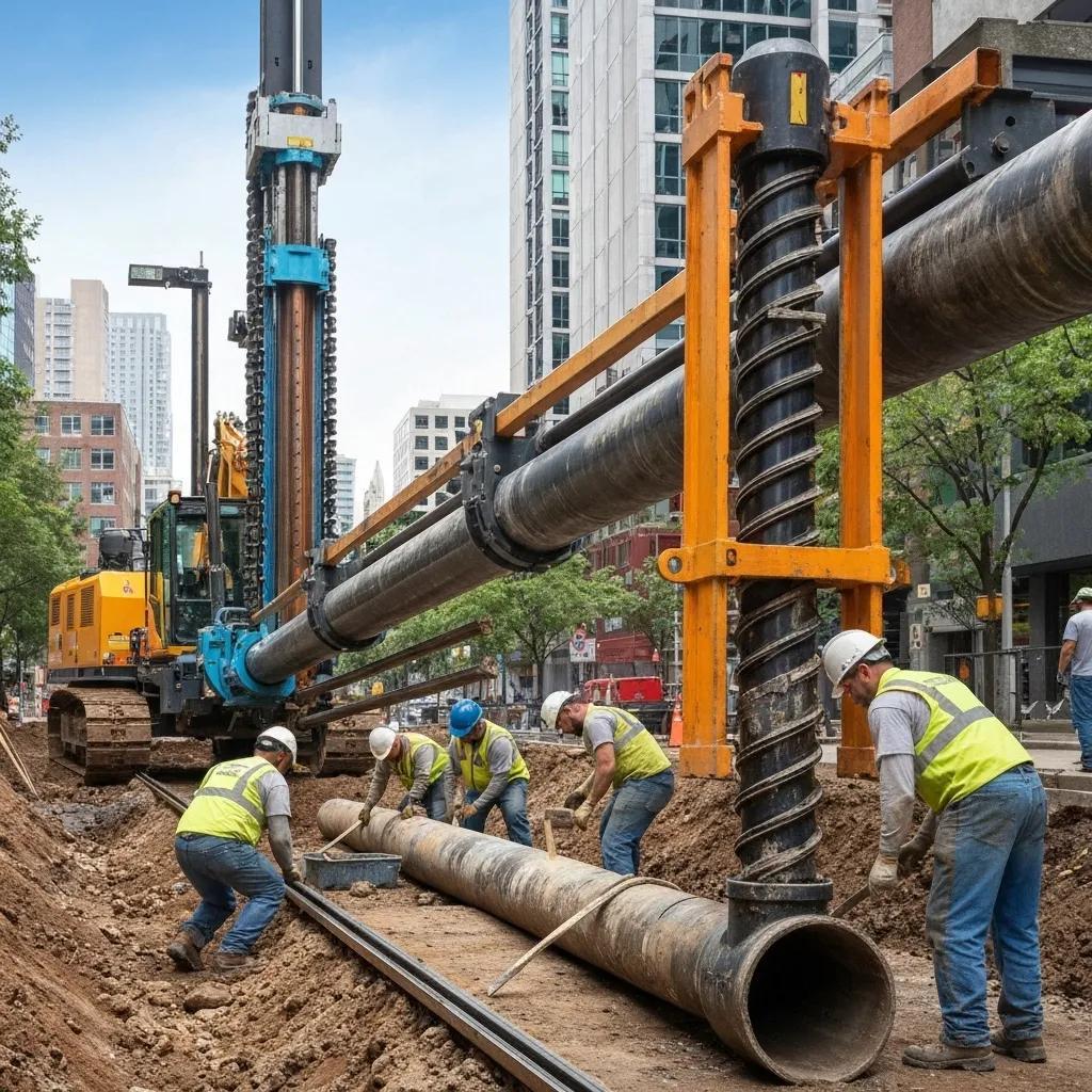 A technician performing trenchless pipe repair using pipe bursting technology, showing minimal disruption to a residential yard