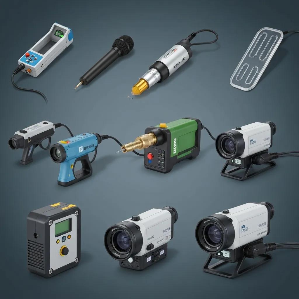 A collection of professional leak detection tools, including electronic sensors, acoustic listening devices, and video inspection cameras, neatly arranged on a workbench