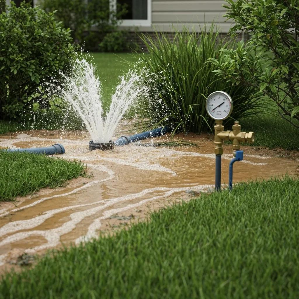 Visual indicators of a water main rupture: puddles, discolored water, and low pressure