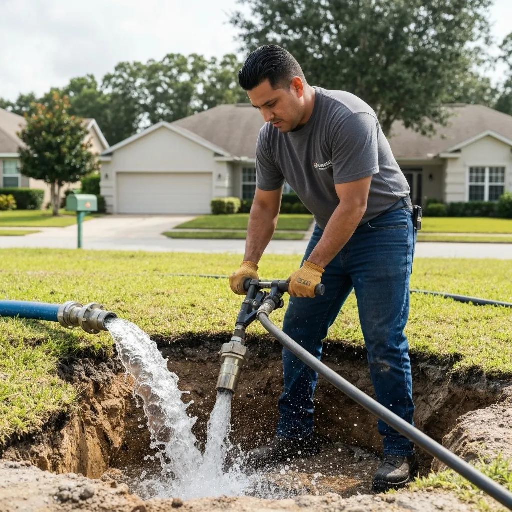 Orlando plumber expertly fixing a burst water main in a residential yard