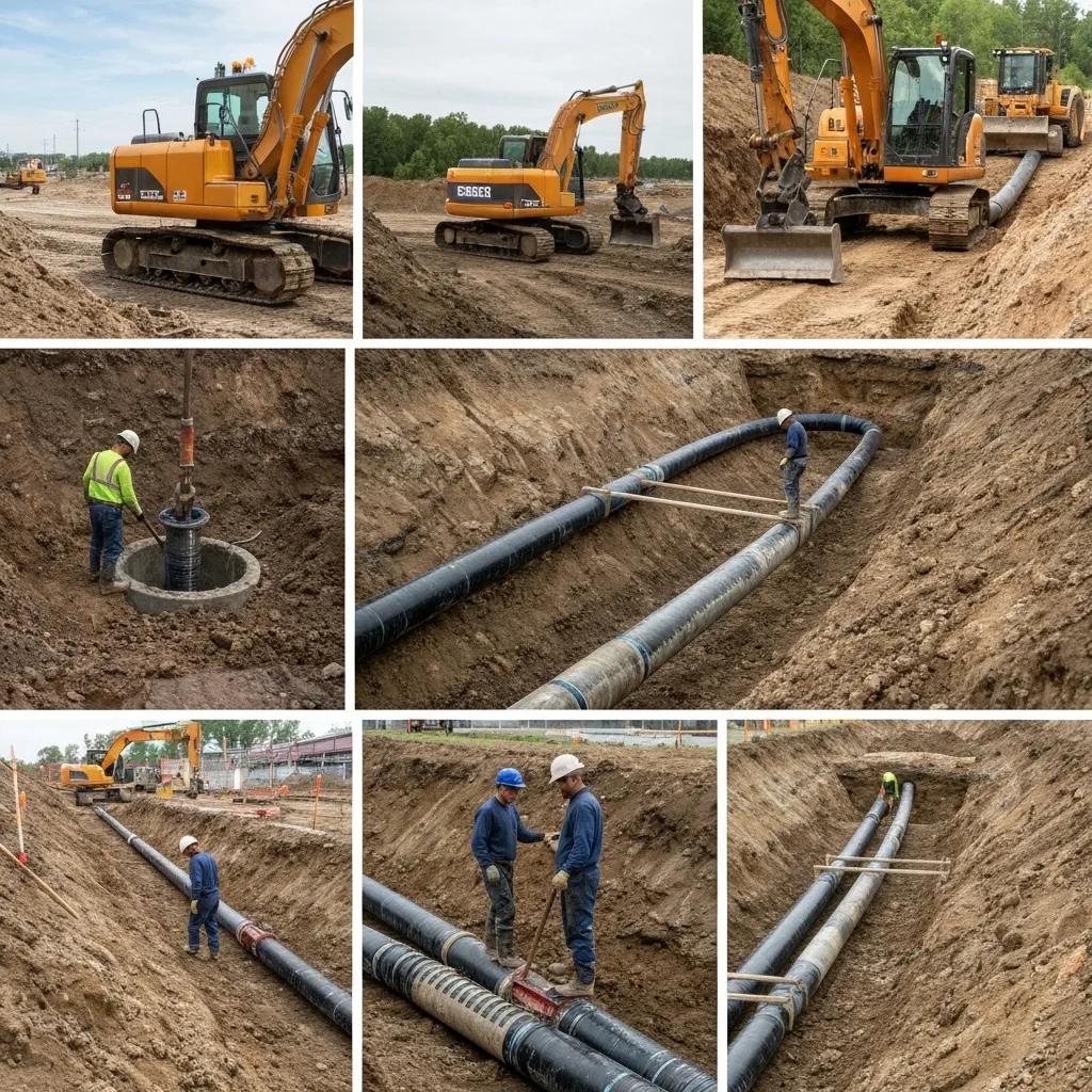 A bustling construction scene showing workers and heavy machinery involved in a water main installation project in Orlando