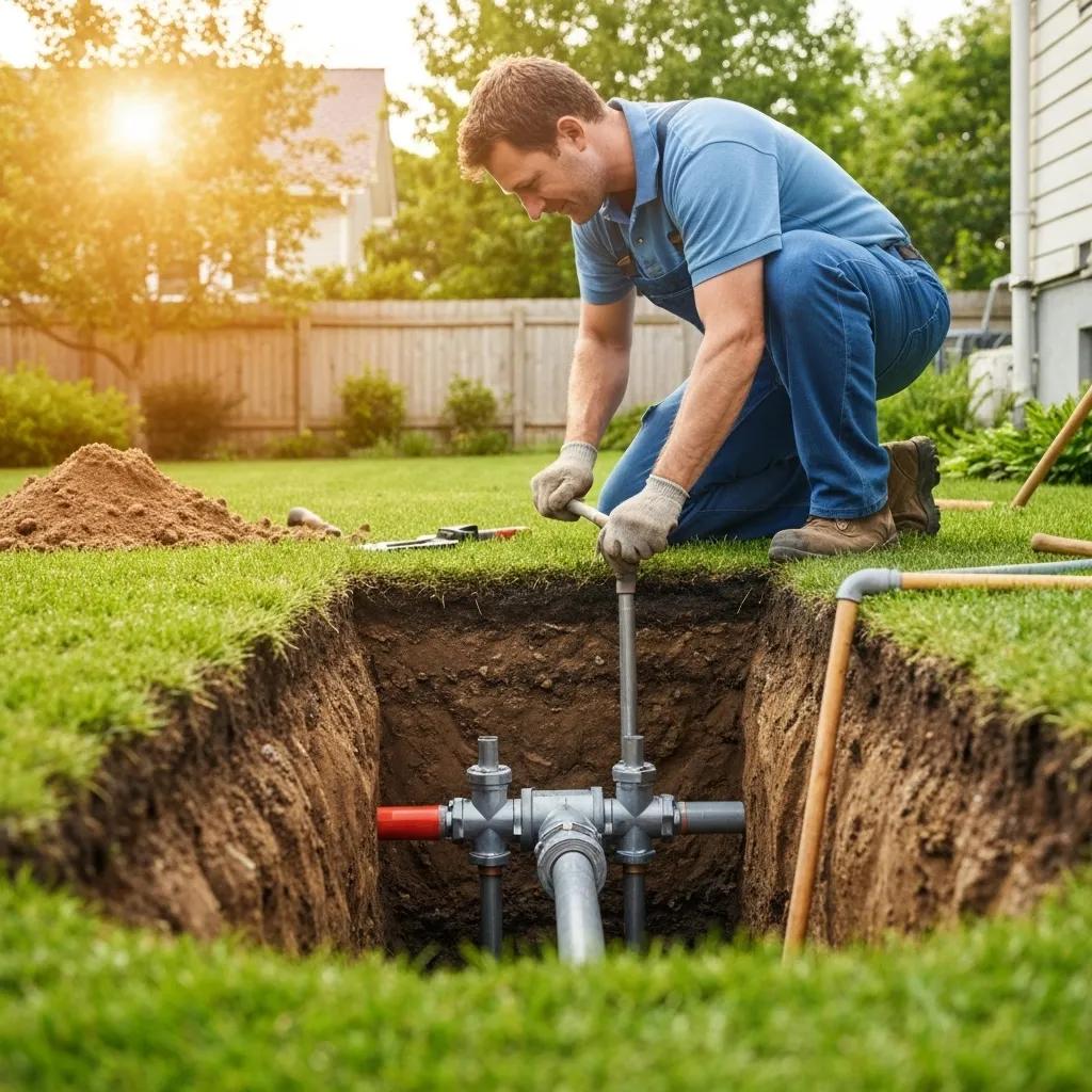 A skilled plumber meticulously repairing a water main in a suburban yard, demonstrating expert installation and repair services