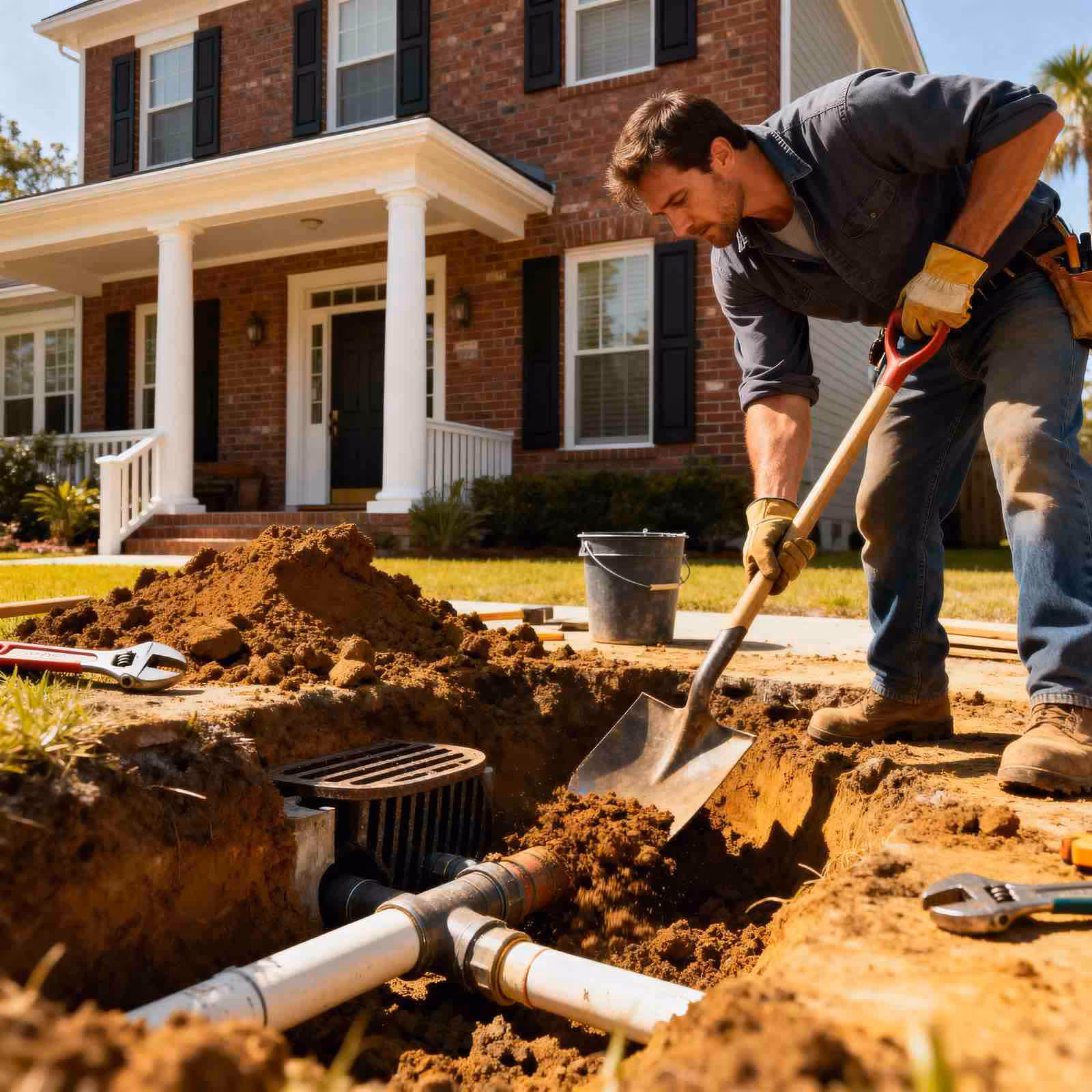 Plumber performing residential water main repair outside a brick home, digging trench and installing PVC pipes to fix underground water line in Orlando, FL.
