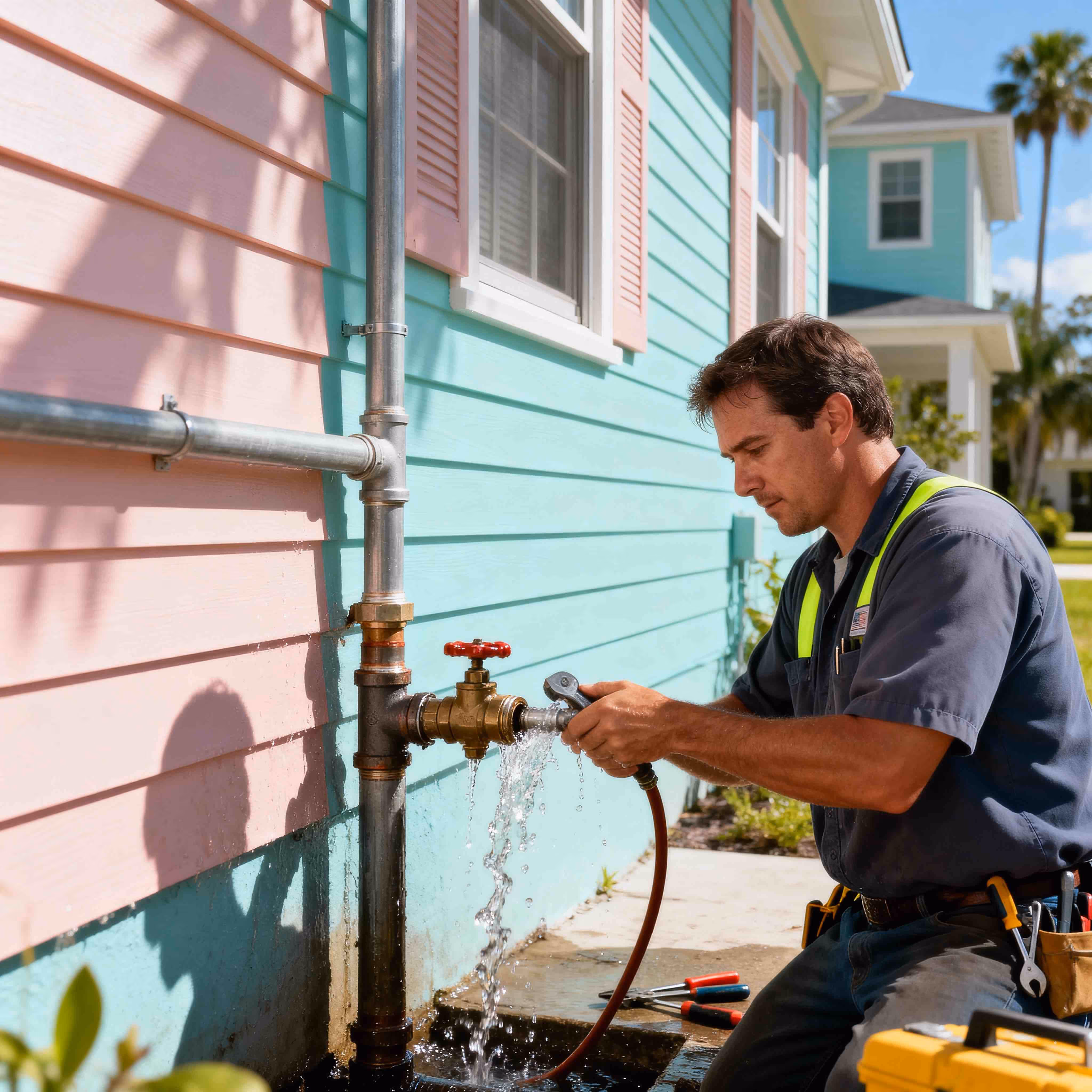Plumber repairing outdoor water main connection and fixing leaking pipe at residential home in Orlando, FL.