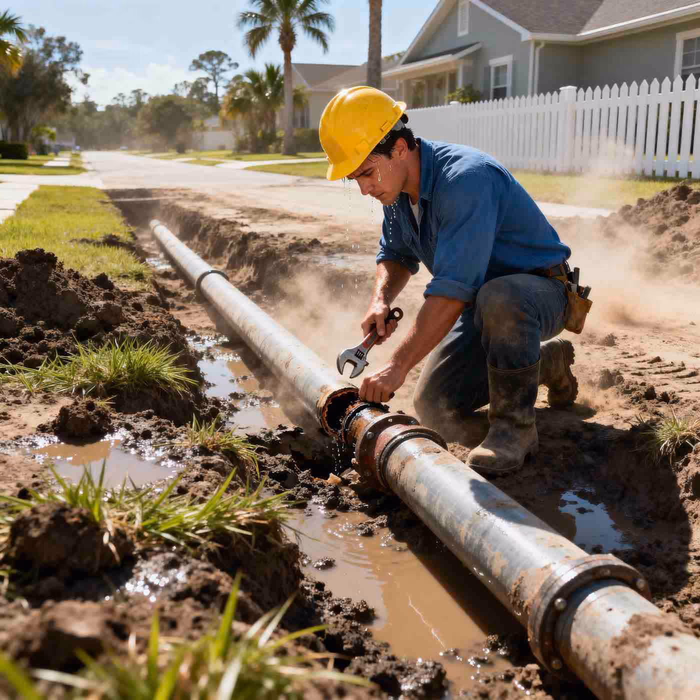 Plumber repairing underground water main in Winter Garden, FL, using wrench to fix leaking pipe along residential street.
