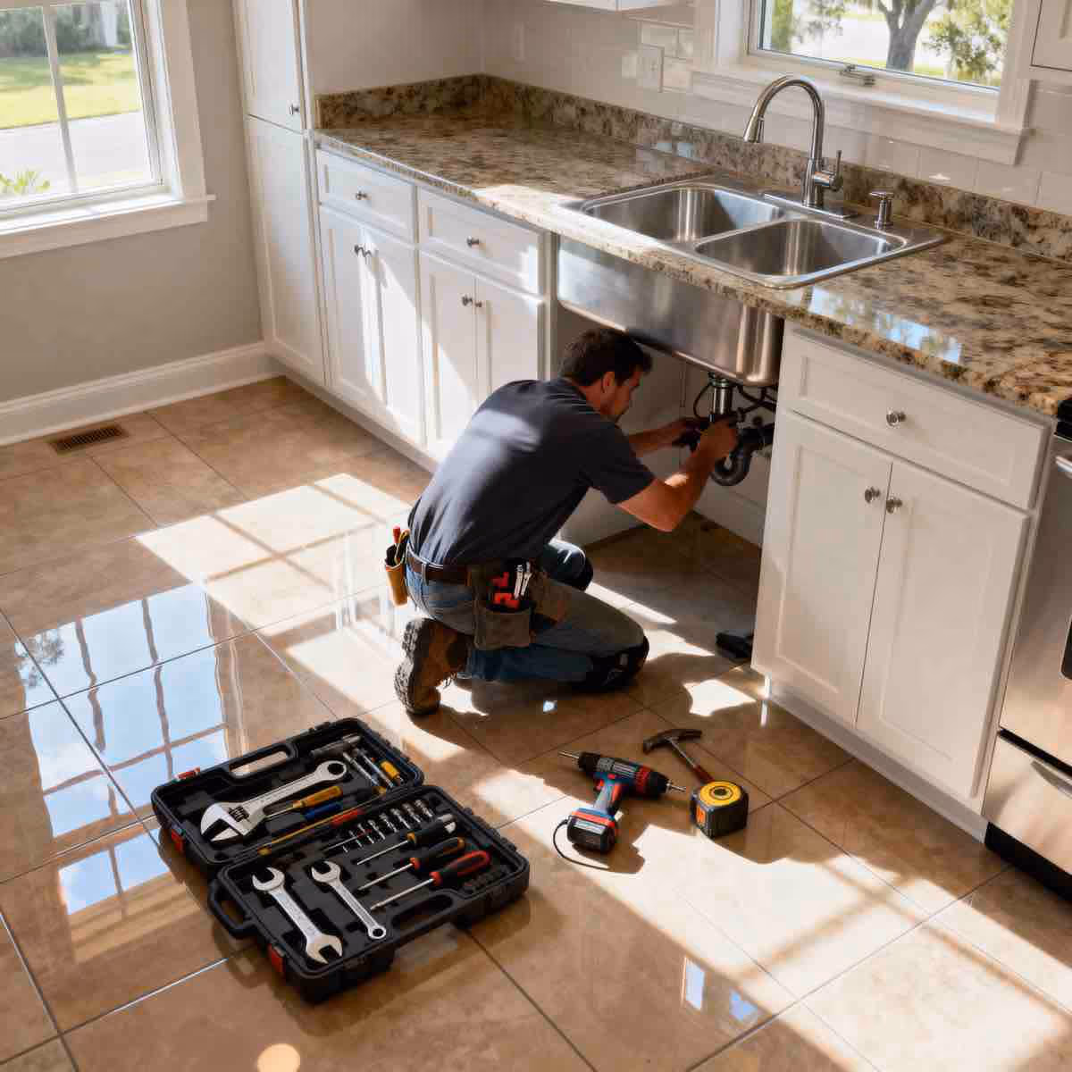Plumber fixing kitchen sink plumbing and replacing drain pipe under cabinet in residential Orlando, FL home.