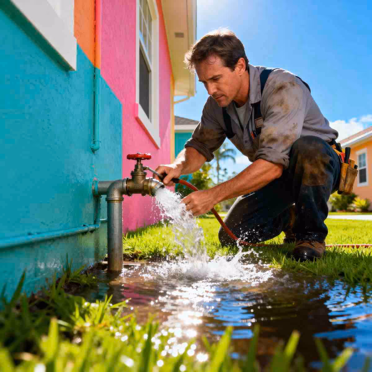Plumber performing emergency outdoor plumbing repair fixing leaking water line beside colorful home in Orlando, FL.