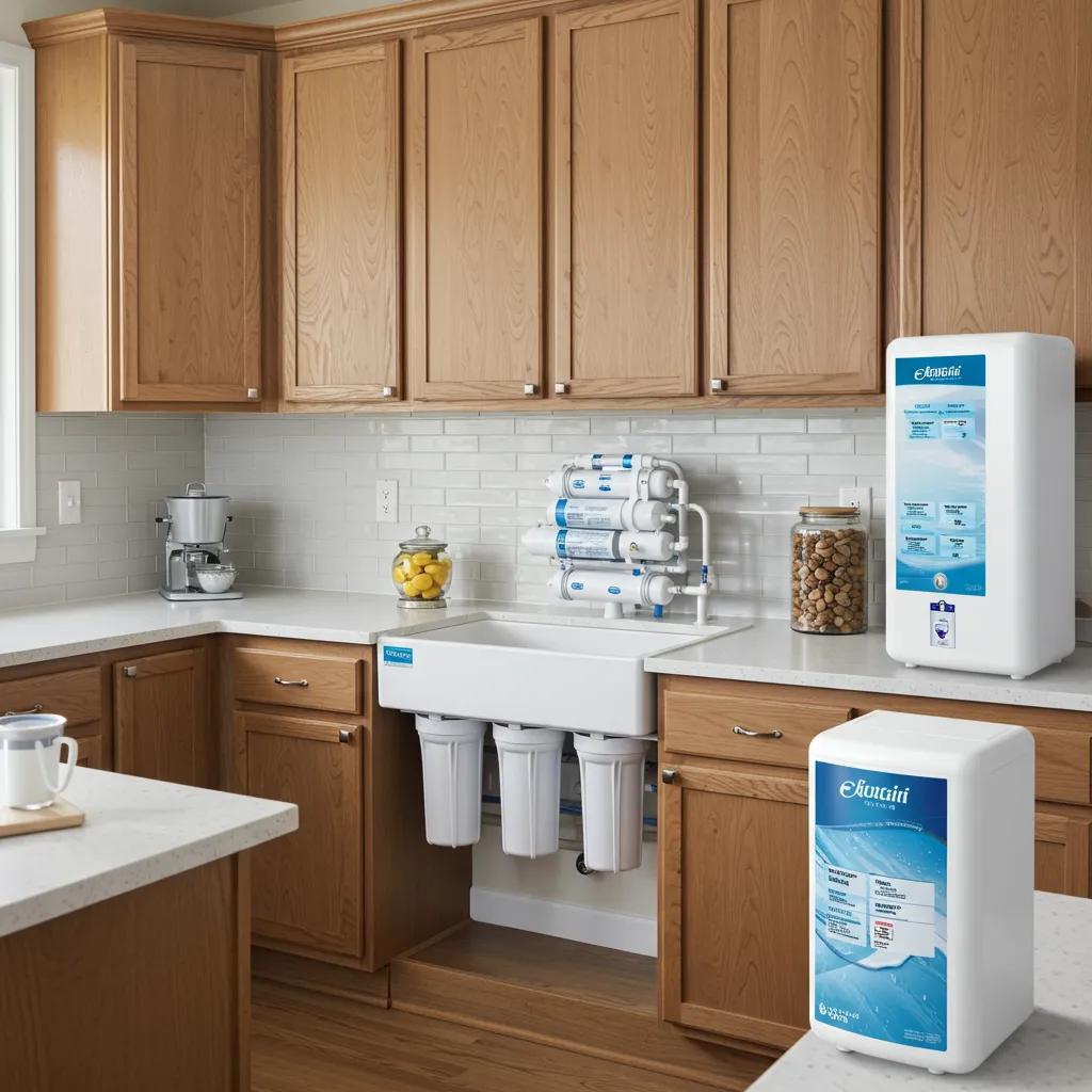 Orlando home kitchen with clear water pitcher next to reverse osmosis and whole house water filter systems, emphasizing water quality