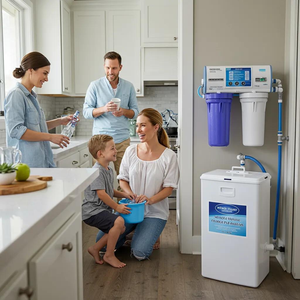 Family in an Orlando home enjoying clean water from a tap connected to a whole house water filter system, highlighting improved health and comfort