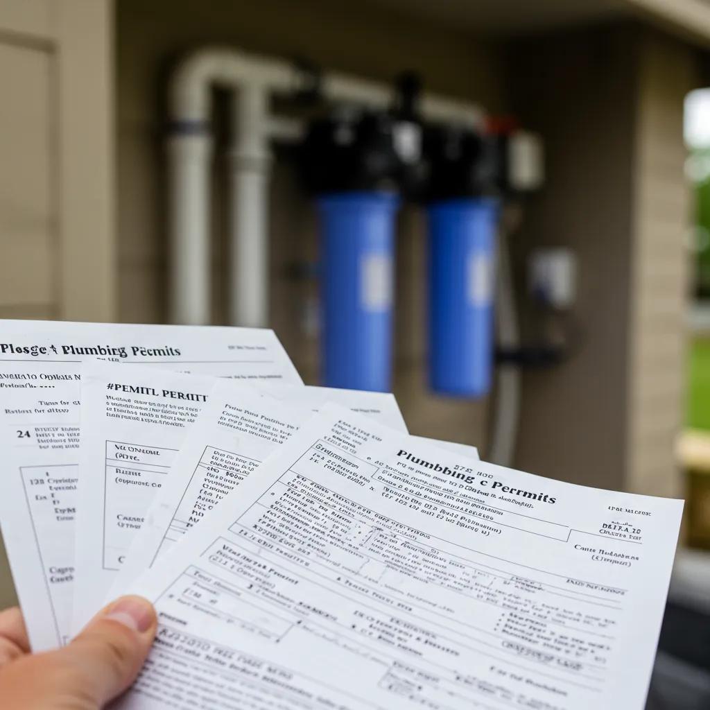 Close-up of plumbing permits for water filtration systems with a home installation site in the background, emphasizing compliance
