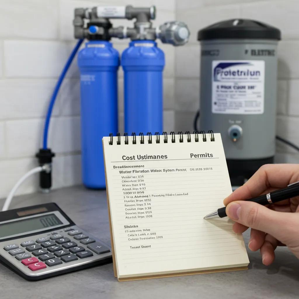 Calculator and notepad with cost estimates for water filtration system permits, highlighting budgeting for home installations