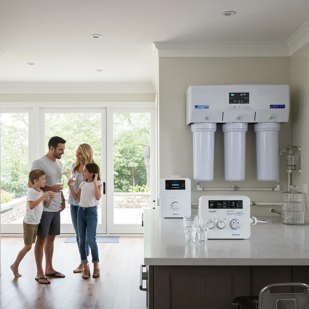 Bright, modern kitchen showcasing a whole home water filter system, emphasizing family well-being and superior water quality