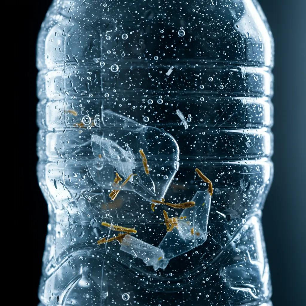 A close-up of a plastic water bottle revealing microplastic particles, highlighting potential health risks
