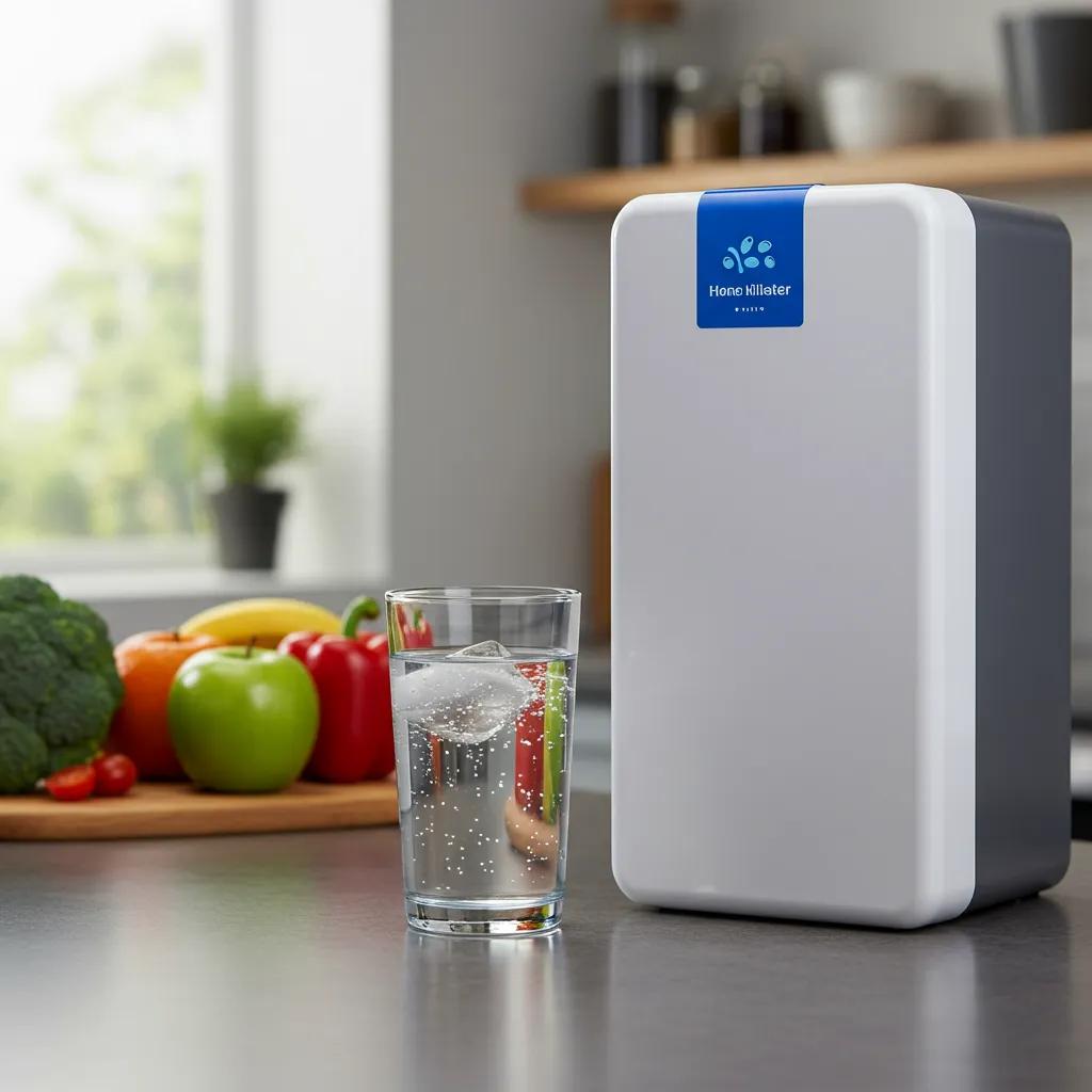 A modern kitchen with a sleek home water filtration system, fresh produce, and a glass of crystal-clear water