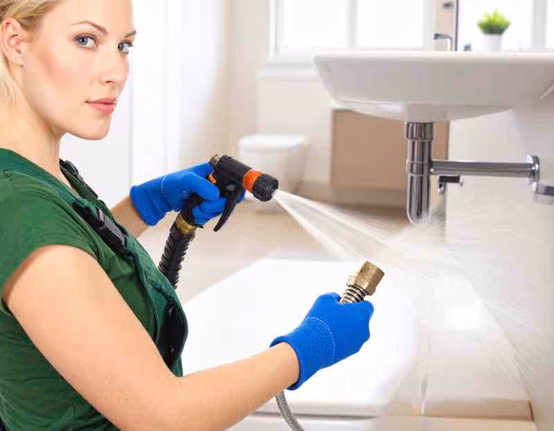 a female plumber drain jetting a bathroom drain