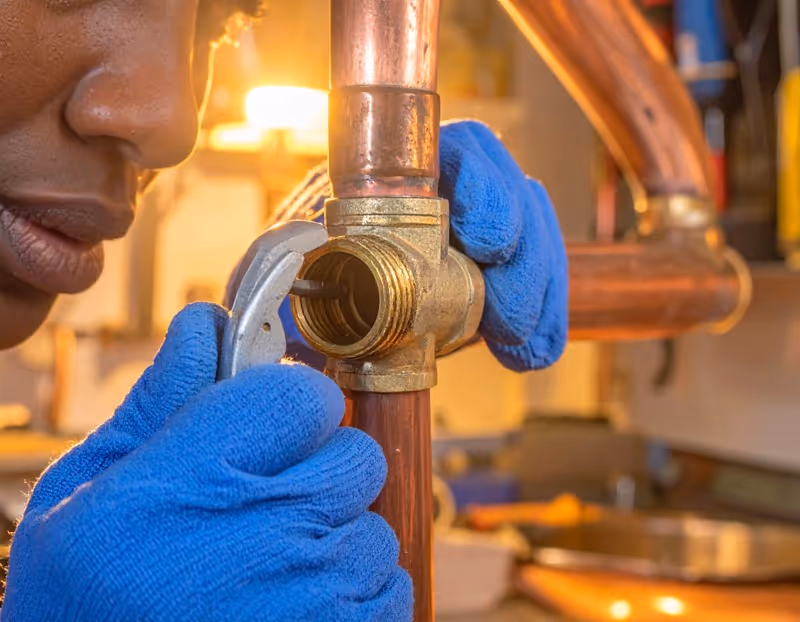 Skilled plumber soldering copper pipe joint in Florida home