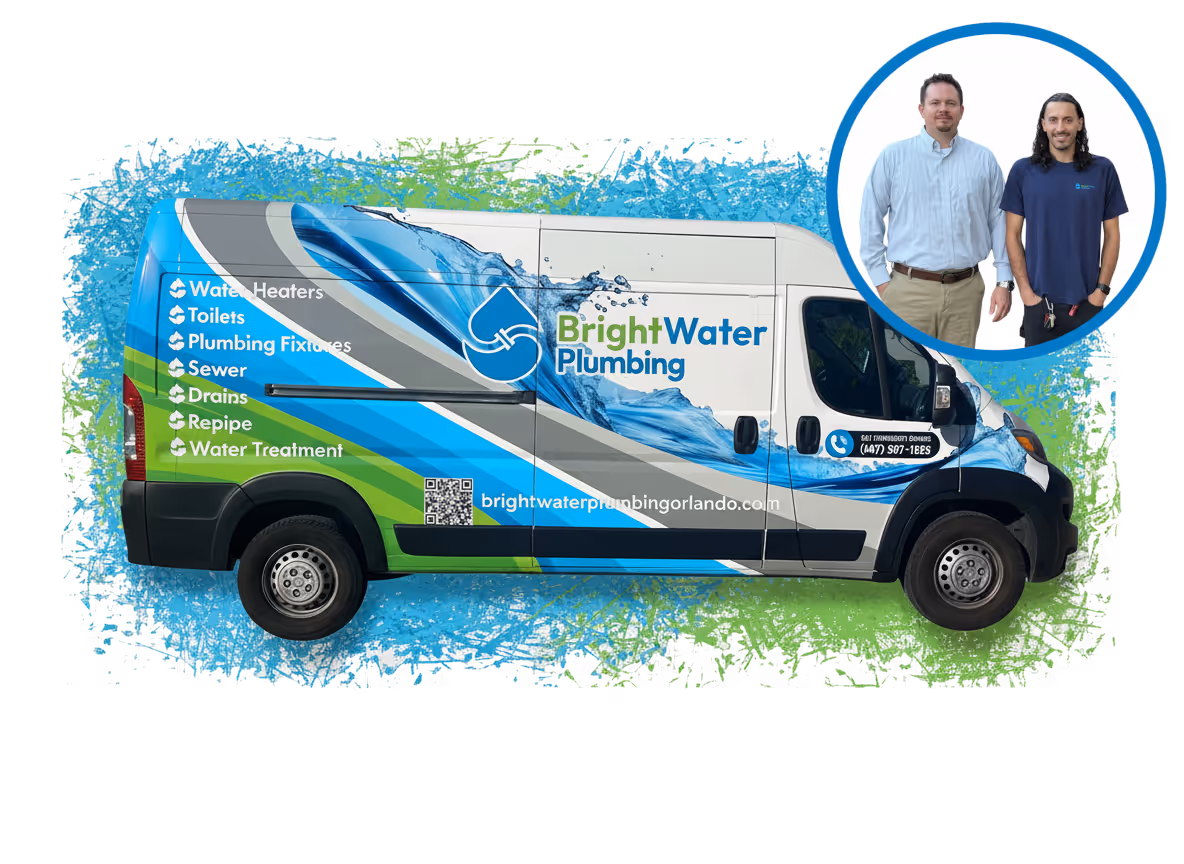 Brightwater Plumbing service van parked at Orlando home ready for emergency plumbing repair and installation services
