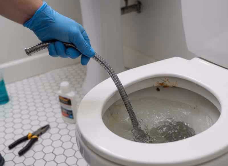 Professional plumber using drain snake auger to clear clogged toilet in residential bathroom