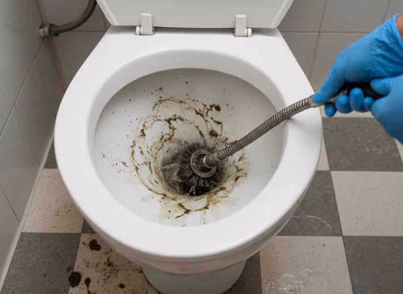 Plumber cleaning toilet drain with motorized auger removing debris and buildup from pipes