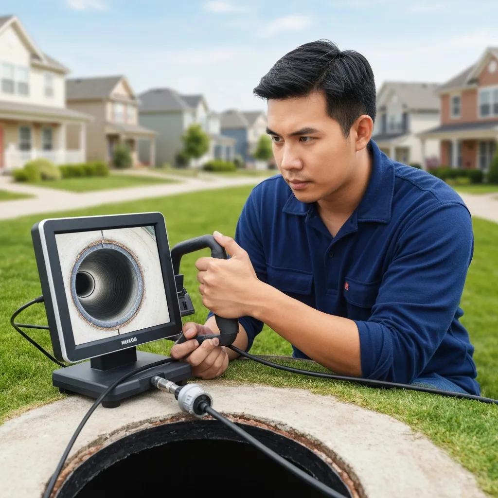 Technician using a sewer camera to find and document a deep pipe blockage