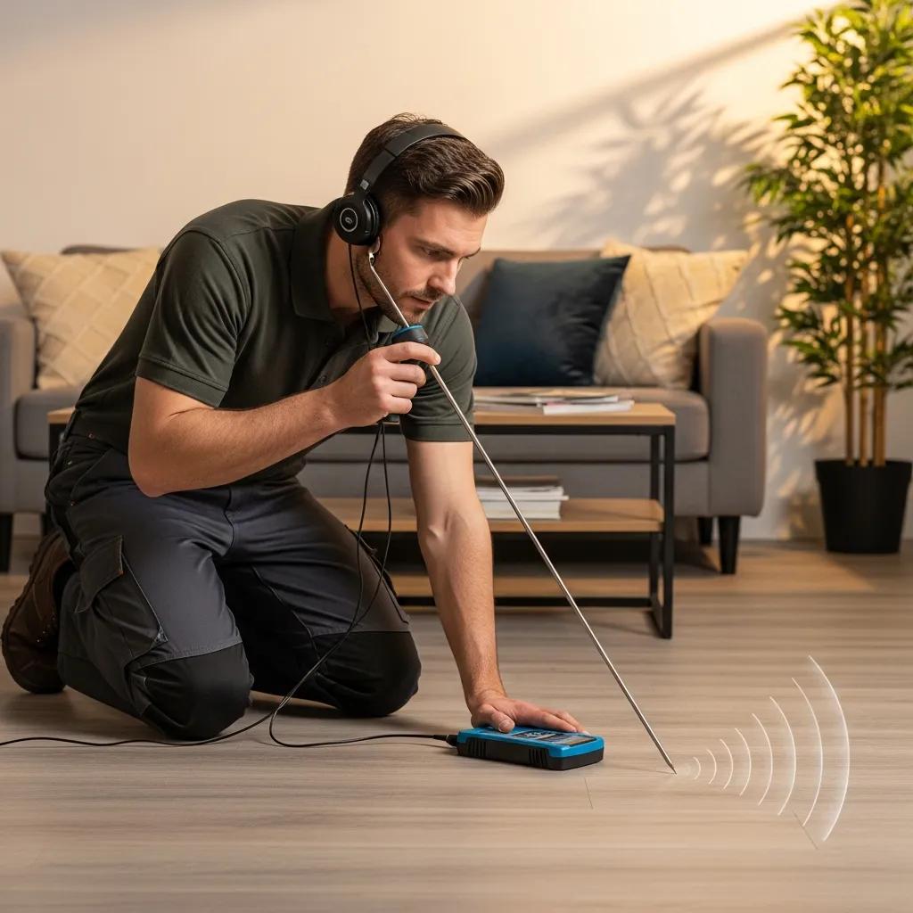 Technician using an acoustic listening device to locate a hidden water leak