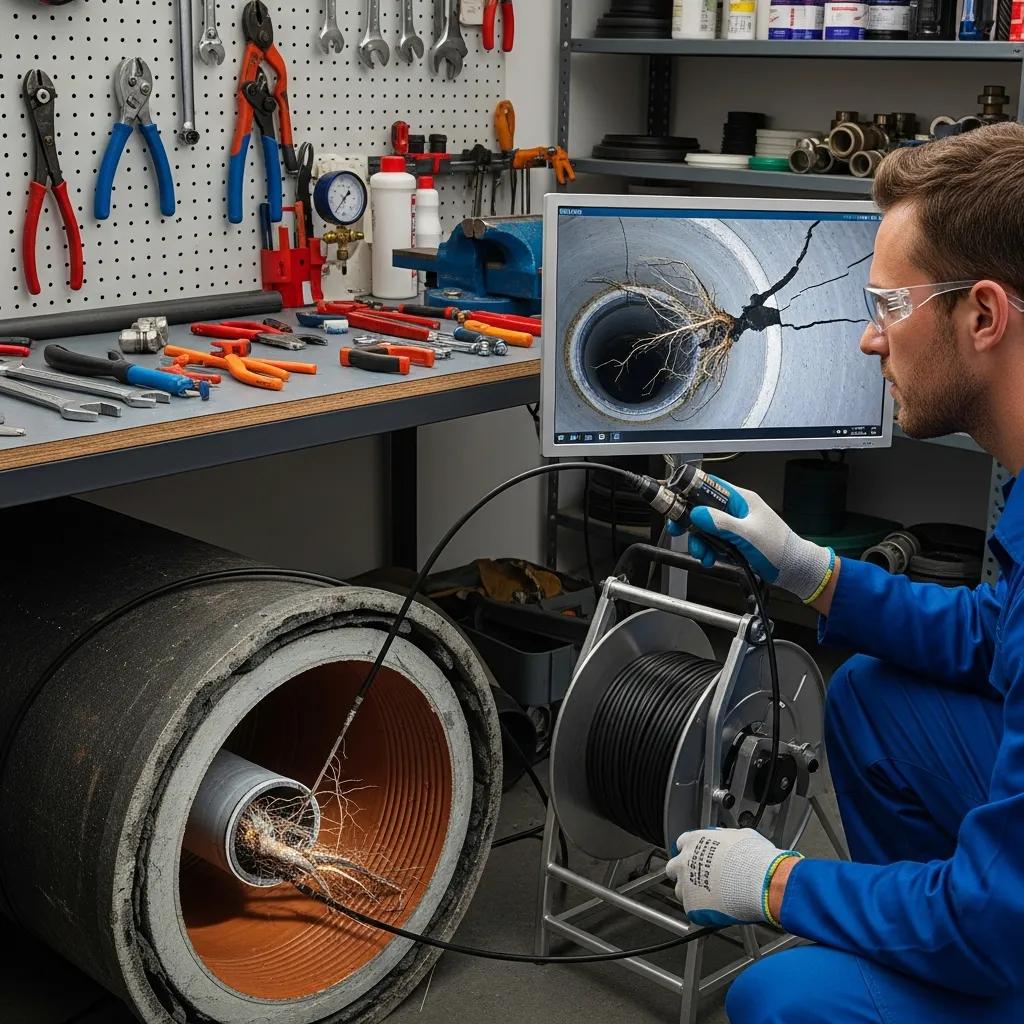 Technician running a sewer camera to inspect pipes for leaks and damage