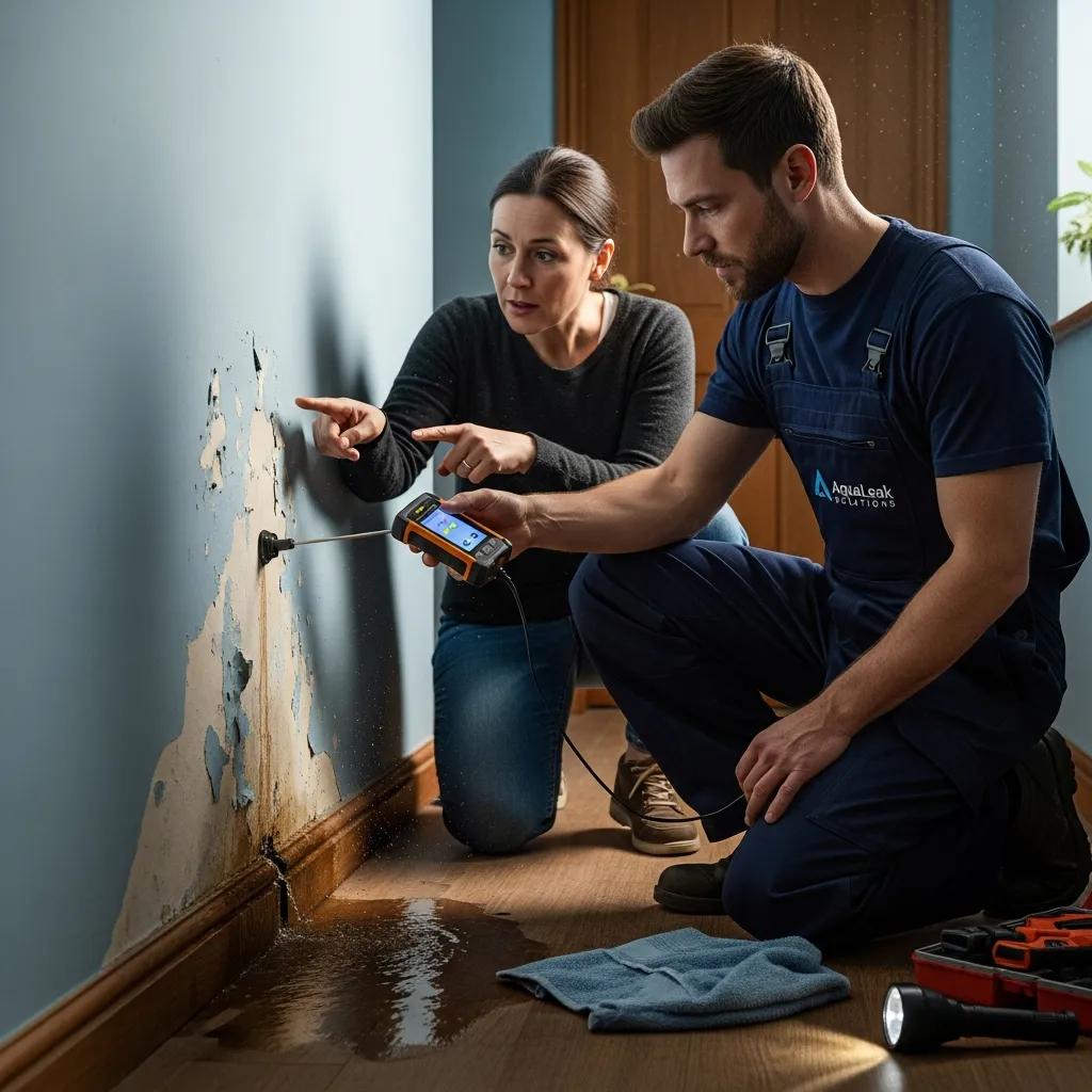 Plumber and homeowner examining water damage using leak-detection equipment