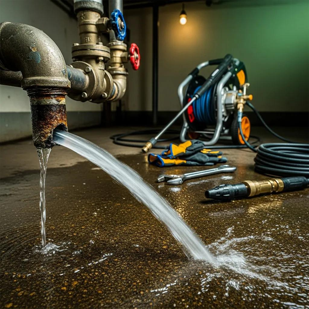 Brightwater Plumbing crew performing hydro jetting with commercial equipment on a residential property