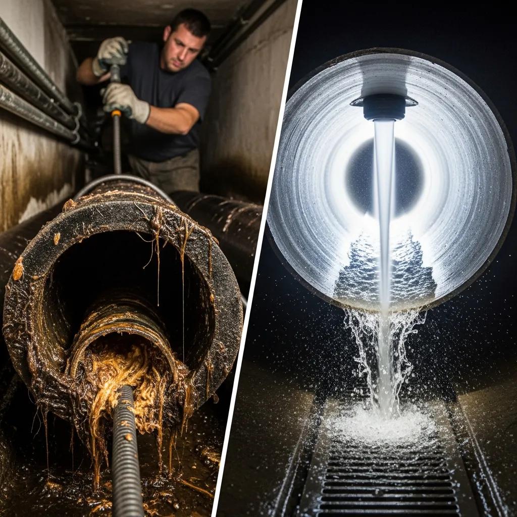 Side-by-side view showing hydro jetting cleaning a pipe more completely than traditional snaking
