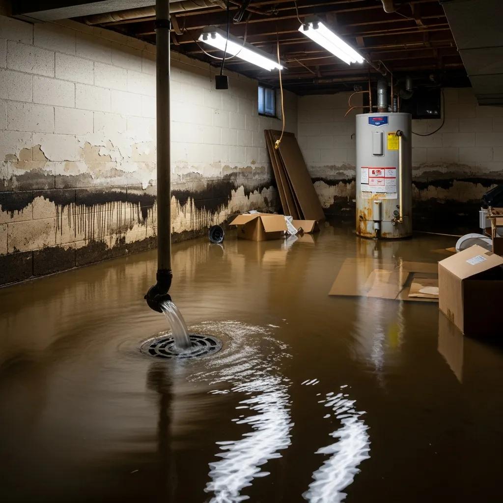 Flooded basement showing water backup damage from a clogged drain