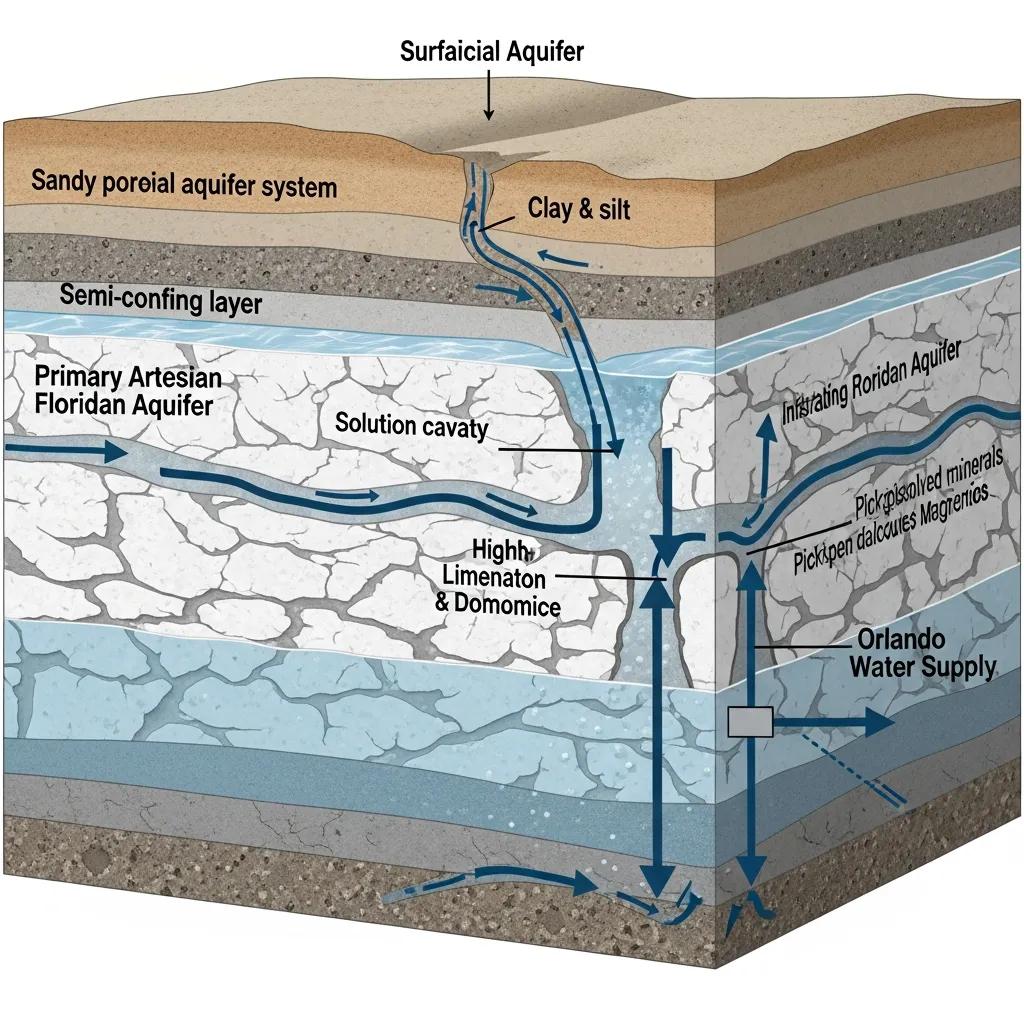 Illustration of the Floridan Aquifer layers and mineral-rich groundwater that contributes to Orlando's hard water